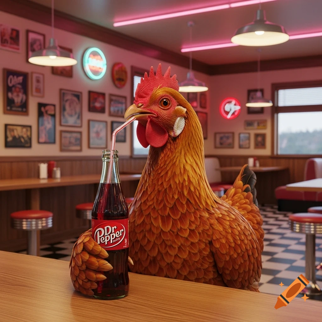 A photorealistic chicken in a retro diner drinks Dr. Pepper from a glass bottle with a straw.