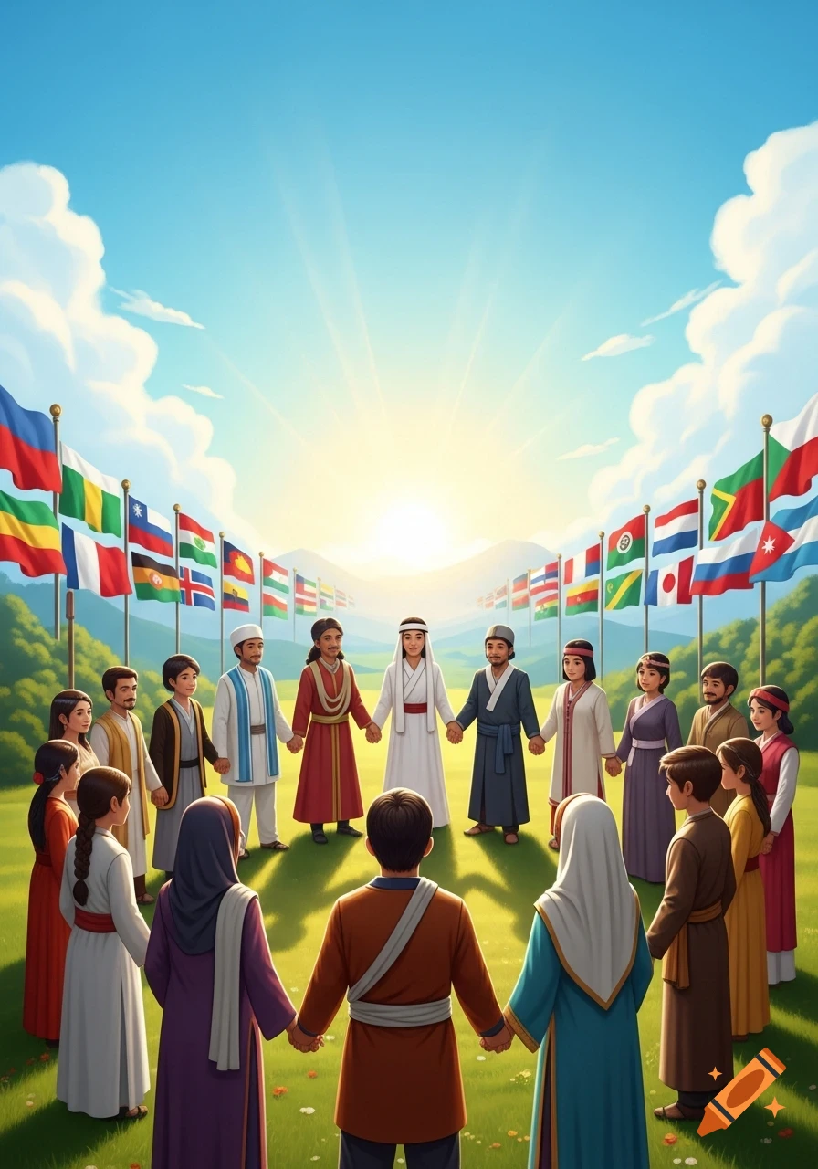 Cartoon illustration of diverse people in traditional attire holding hands in a circle on a grassy field, surrounded by international flags under a sunny sky.