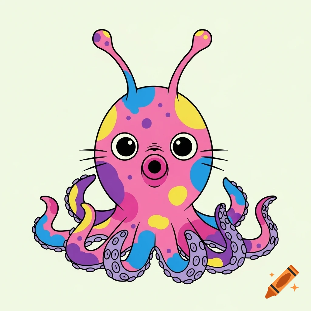 A vibrant, cartoon alien octopus with antennae, big black eyes, a small O-shaped mouth, and colorful spots.