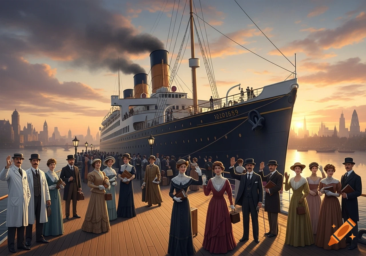 Photorealistic image of a large steamship departing a city at sunset, with well-dressed people waving goodbye from the pier and deck.