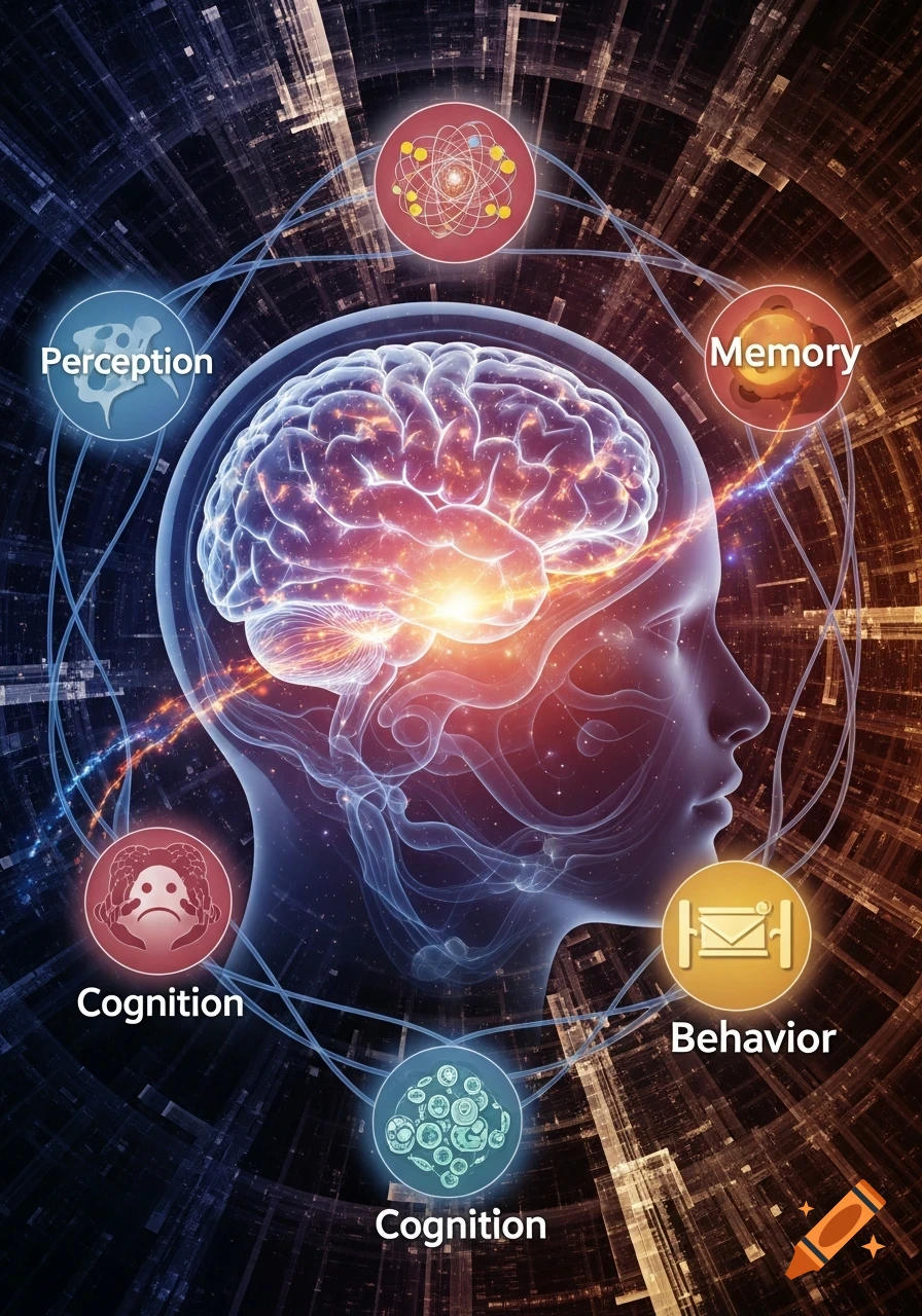 Abstract illustration of a human head with a glowing brain, surrounded by interconnected circles labeled Perception, Memory, Cognition, and Behavior.