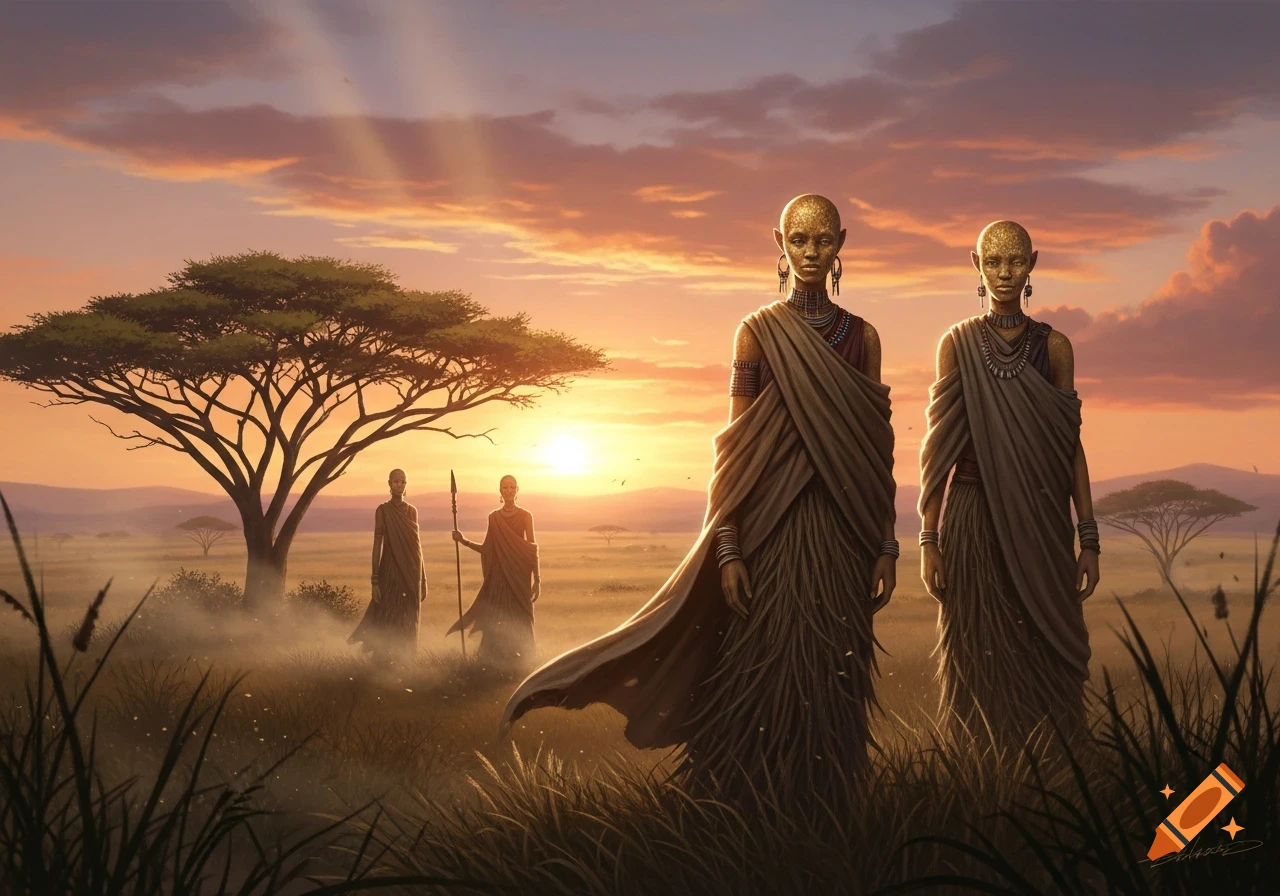 Two people with textured sand-yellow skin and elaborate attire stand in a savanna at sunset, with acacia trees and distant figures. Fantasy style.