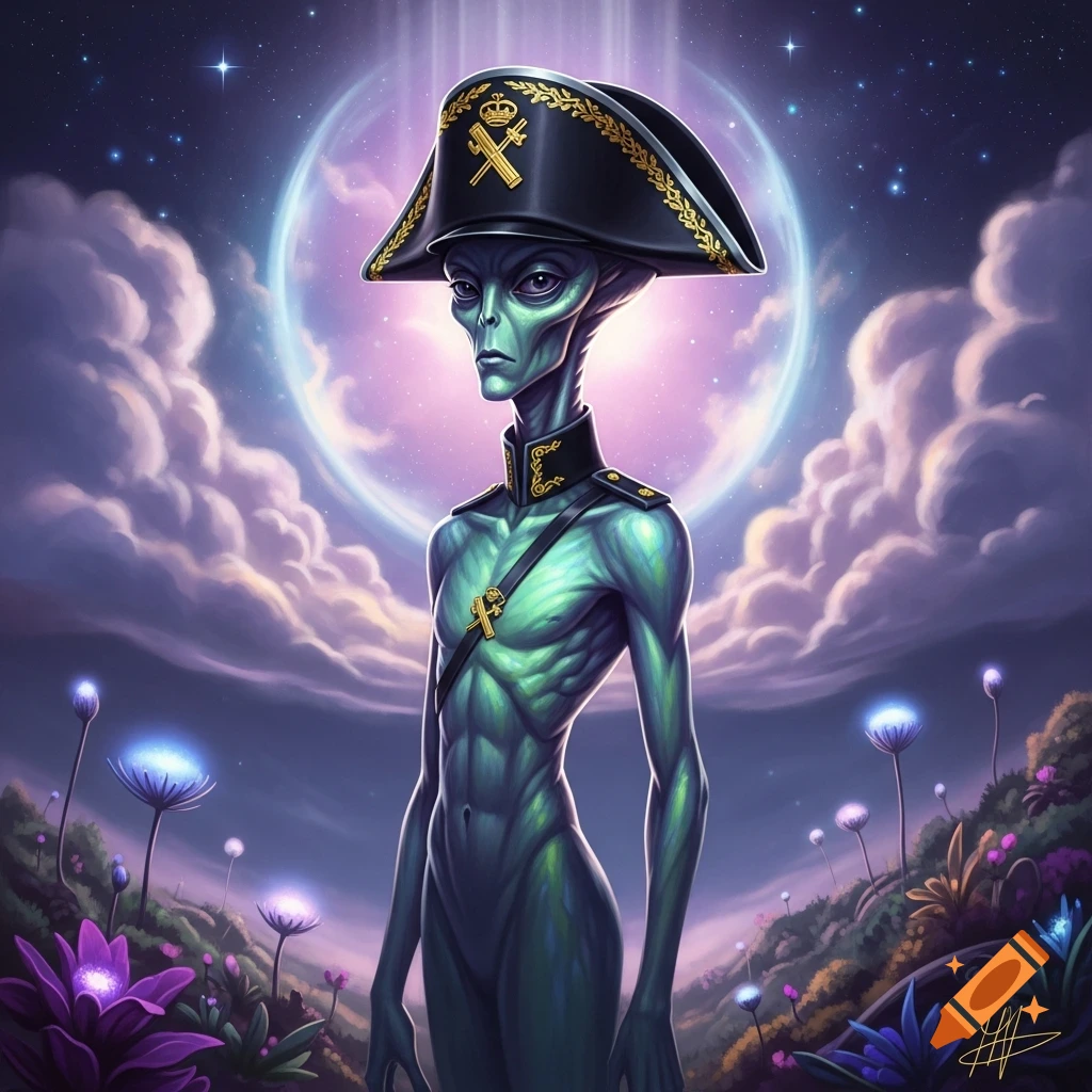 A green-skinned alien in a military bicorne hat and uniform stands in a vibrant alien landscape under a glowing moon.
