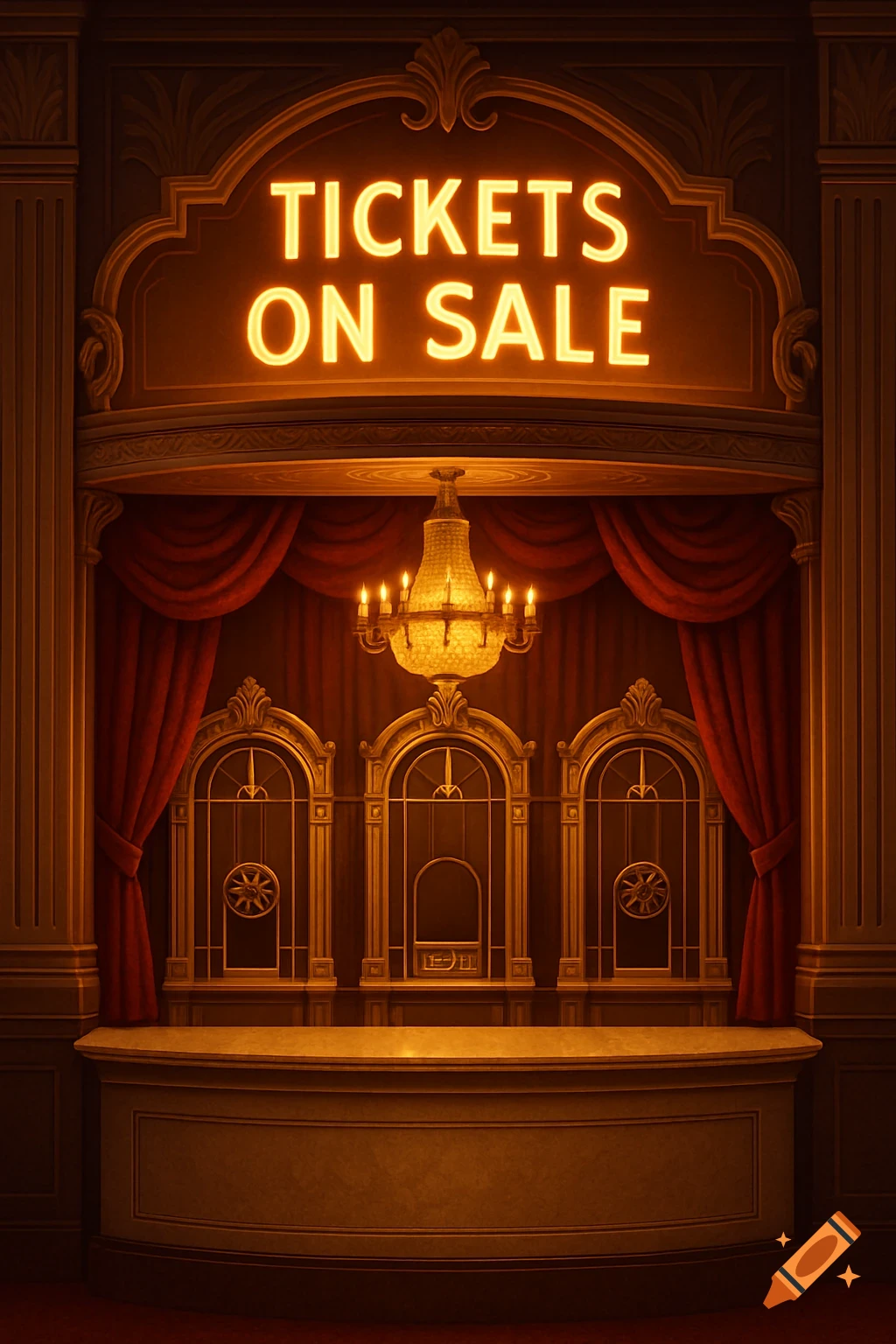 A grand, illuminated theater ticket booth with a "TICKETS ON SALE" sign, red curtains, a chandelier, and ticket windows.