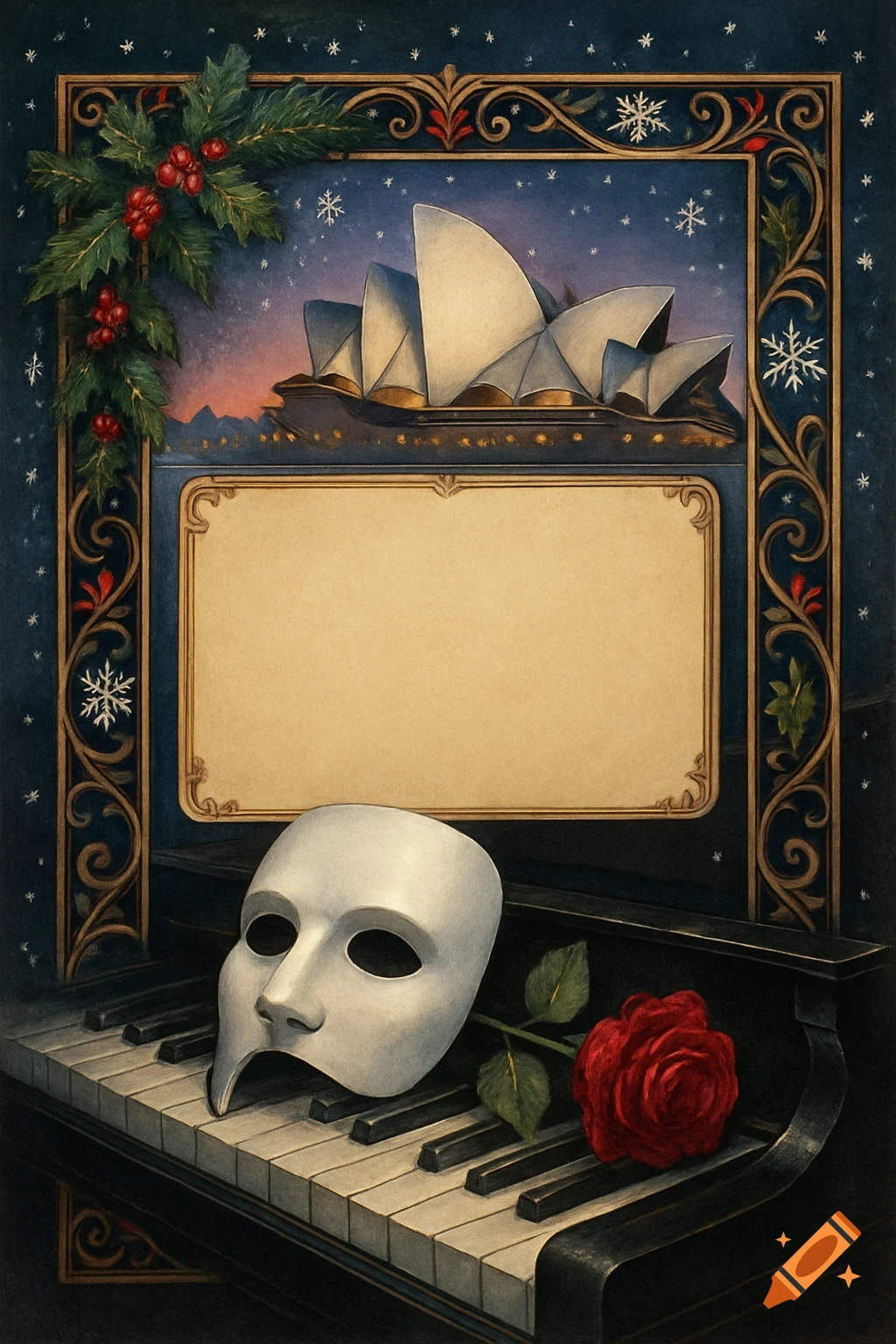 Painterly festive frame with Christmas holly and snowflakes surrounding the Sydney Opera House above an empty text box. A white mask and red rose rest on a piano below.