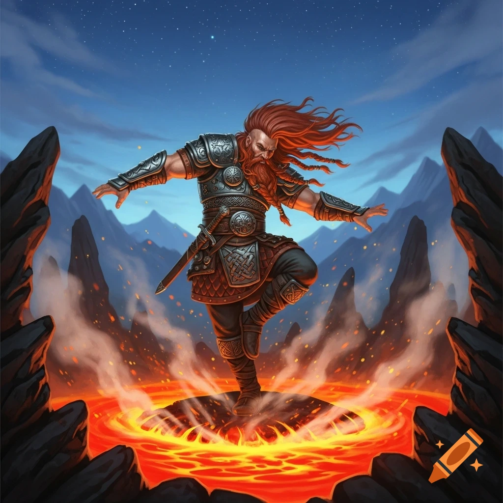 A red-haired Viking warrior with armor and braids dances on a rock amid fiery lava, surrounded by dark mountains under a starry sky.