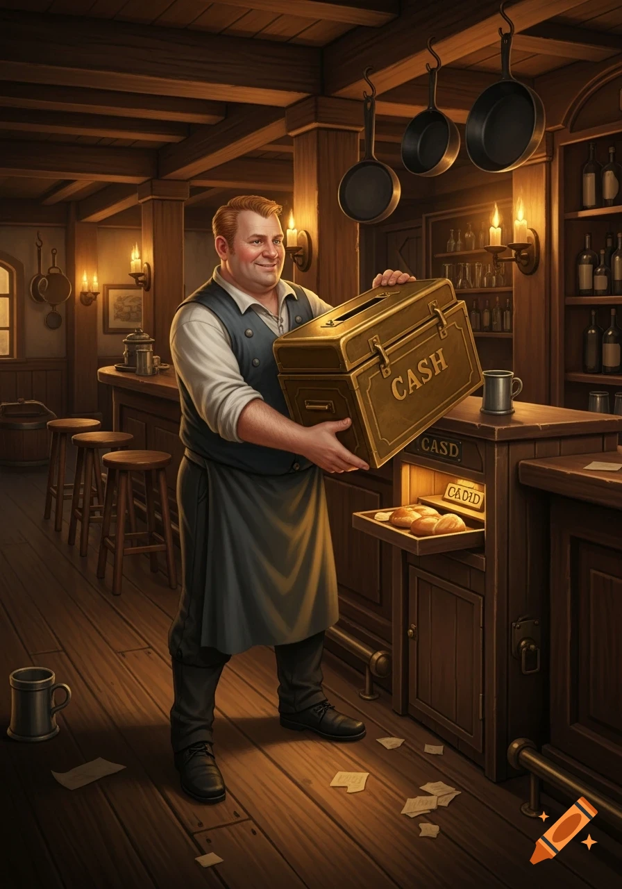 A smiling man in a tavern apron holds a gold cash box with "CASH" written on it, standing by a wooden counter.
