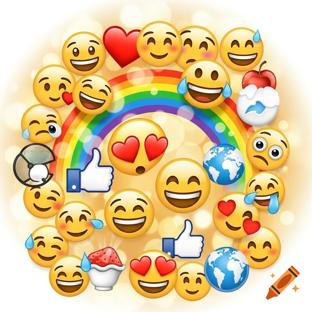 A vibrant circular collage of diverse emojis, including happy, sad, and heart-eyed faces, with a rainbow, hearts, and thumbs-up symbols.