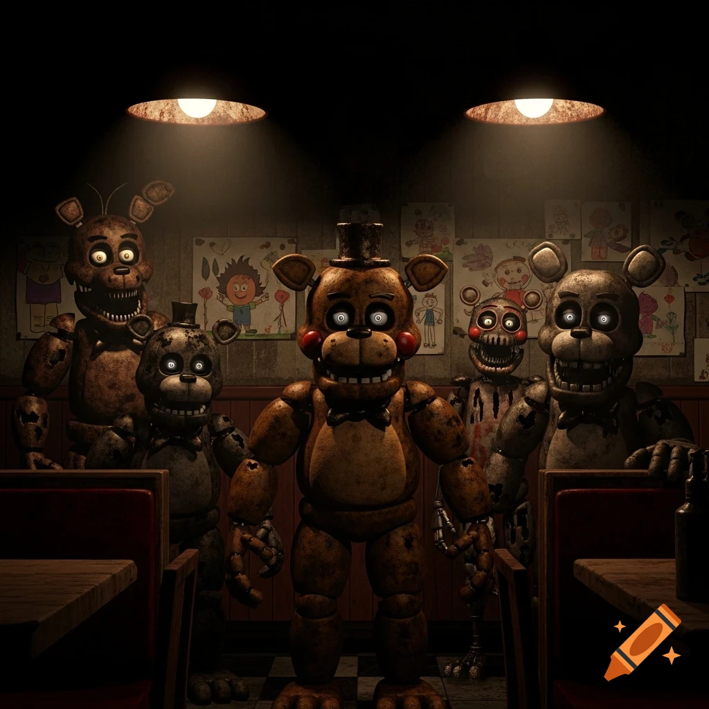 Five animatronic characters, including Freddy Fazbear, stand in a dimly lit room with children's drawings on the wall, in the style of Five Nights at Freddy's.