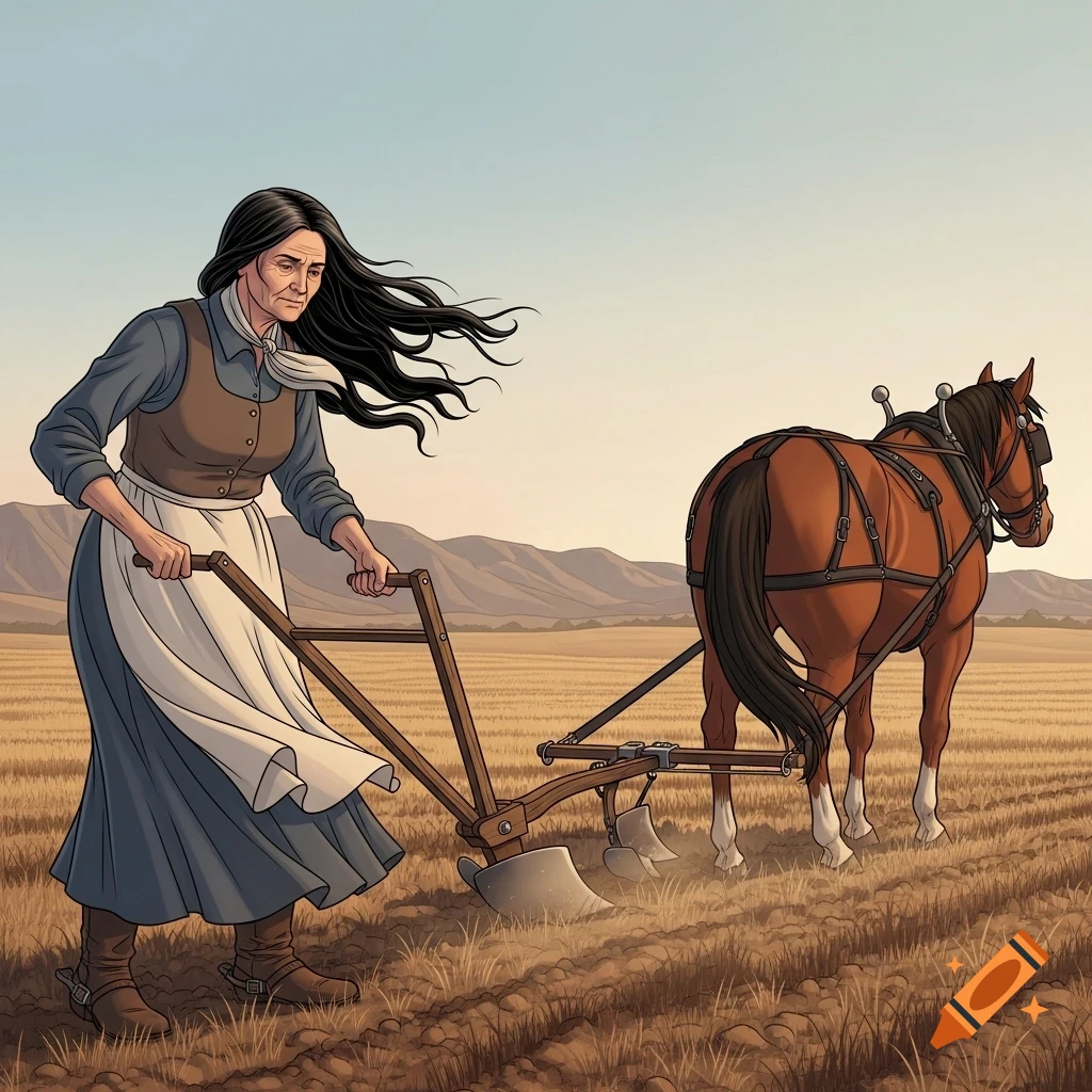 An illustration in Junior Classic Comics style of an older woman plowing a field with a horse, mountains in the background.