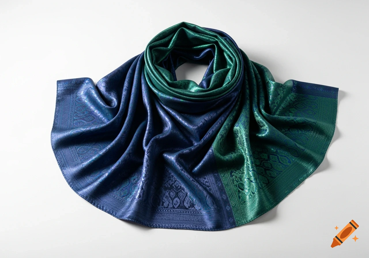 A luxurious blue and green gradient silk scarf with intricate patterns, elegantly draped on a clean white background.