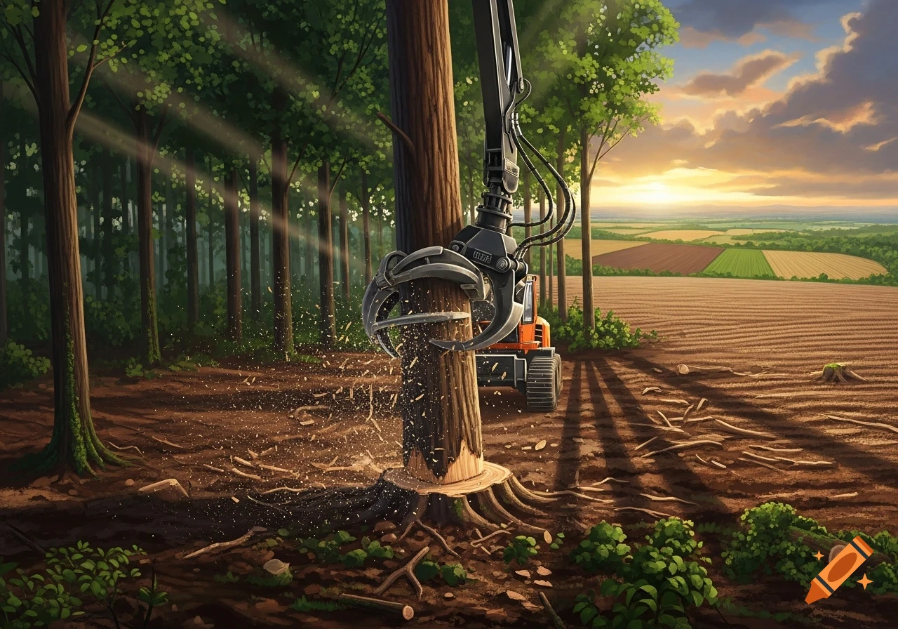 A mechanical logging machine cuts a tree in a forest clearing, with fields in the background under a sunset, in an illustrative style.