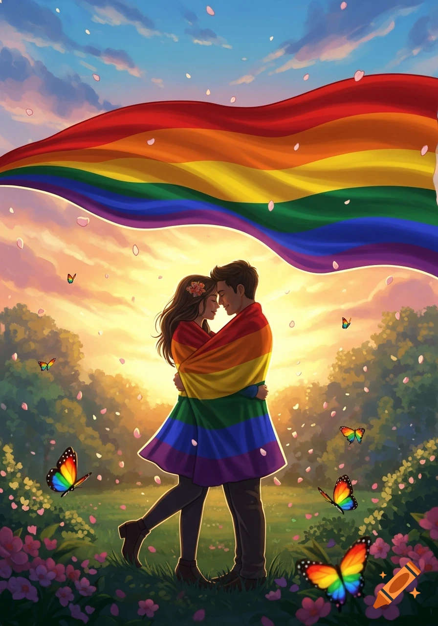 Illustrated couple in a loving embrace, wrapped in a rainbow flag, in a sunny field with flowers and butterflies.