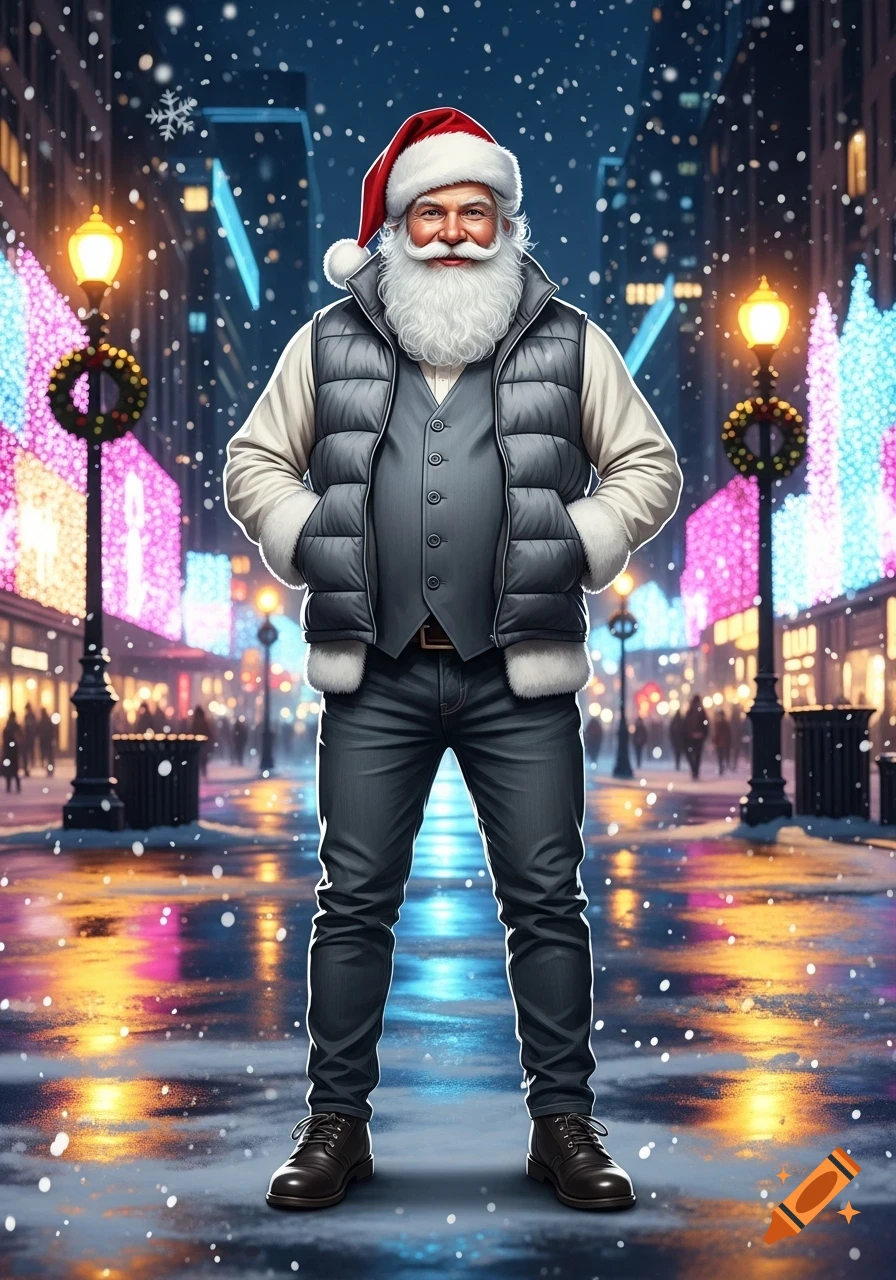 Modern Santa Claus in a grey puffer vest and jeans stands on a snowy city street at night with festive lights, photorealistic.