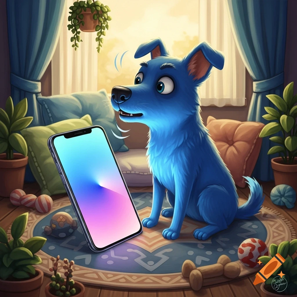 A surprised cartoon blue dog with large eyes stares at an upright smartphone with a colorful gradient screen on a patterned rug, surrounded by plants and toys.