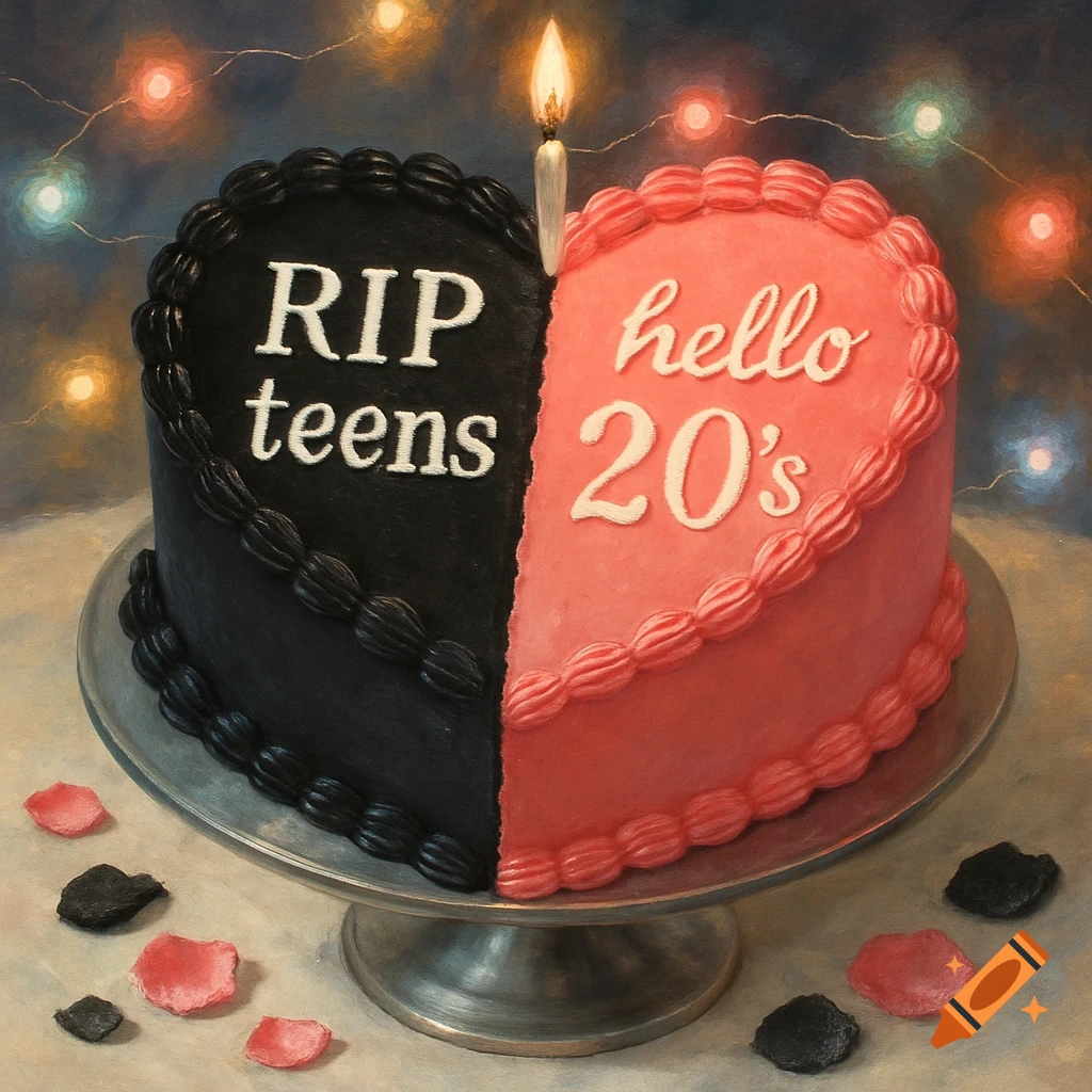 A heart-shaped birthday cake, split black and pink. The black side reads 'RIP teens', the pink side 'hello 20's', with a lit candle.