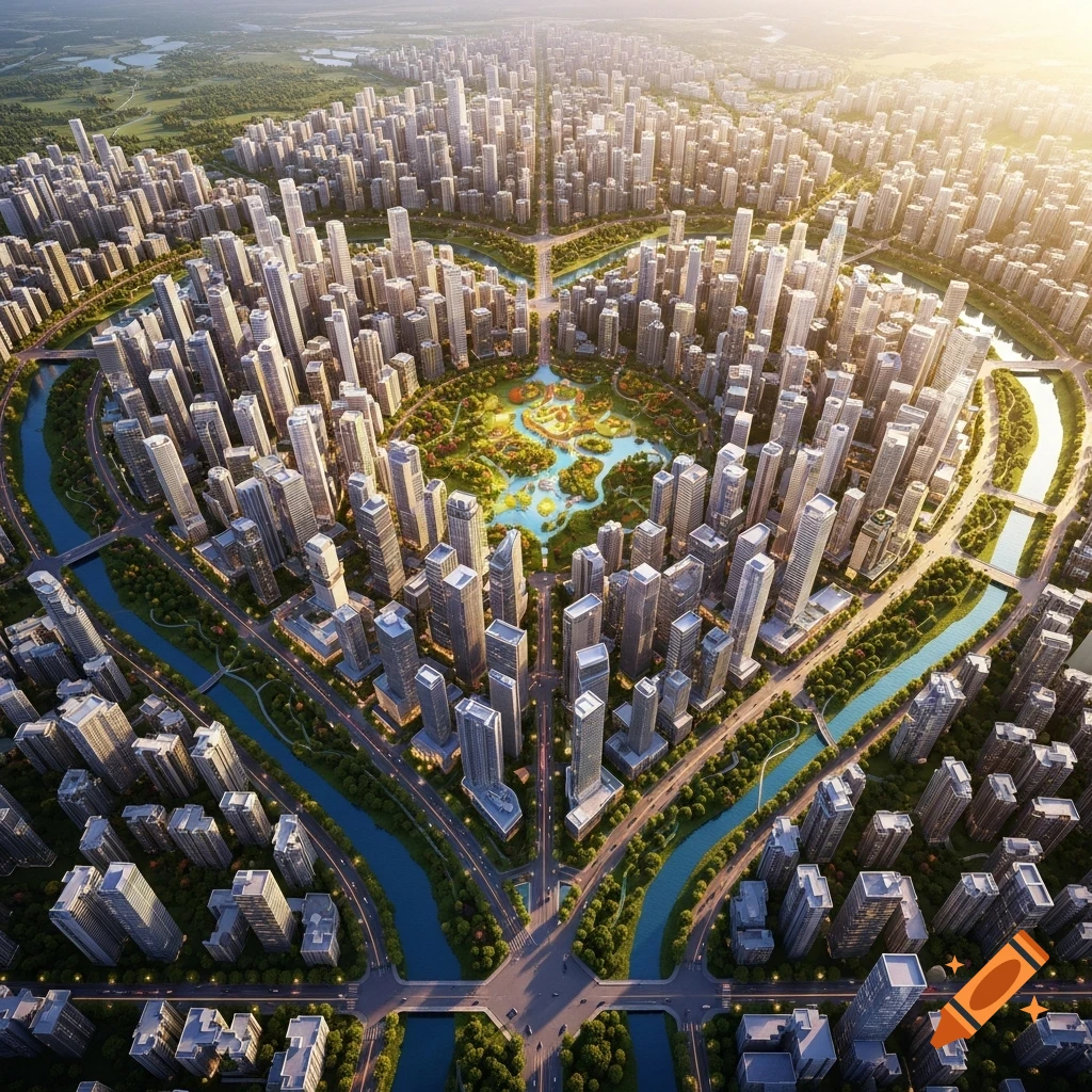 Photorealistic aerial view of a modern heart-shaped city with tall buildings, rivers, and a central park bathed in sunlight.