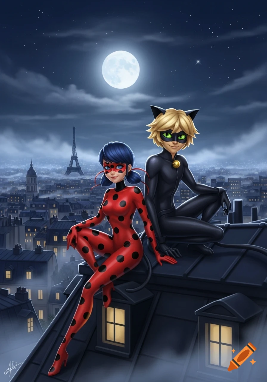 Illustration of Ladybug and Cat Noir on a Paris rooftop at night with the Eiffel Tower and full moon.