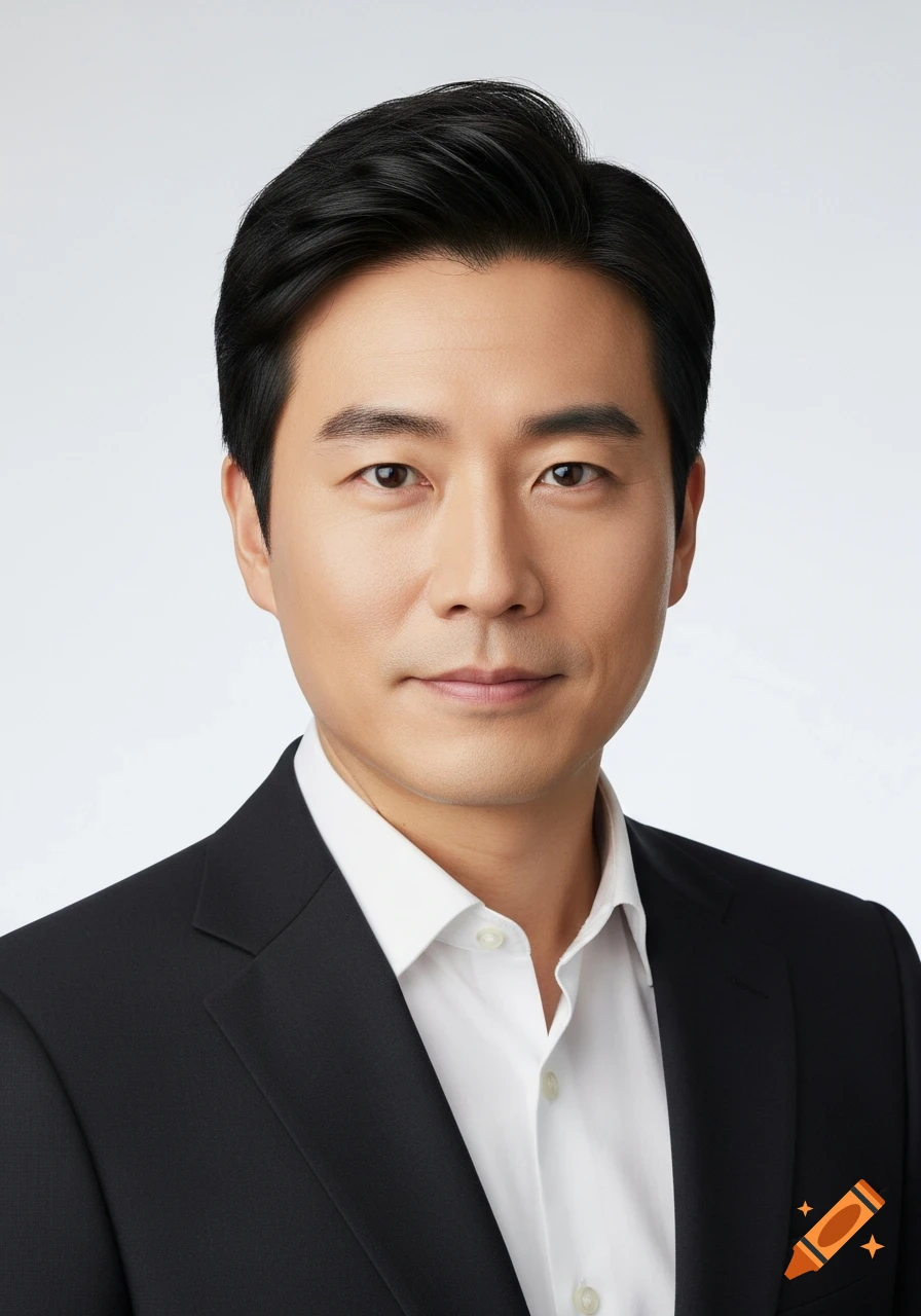 Studio portrait of a young East Asian man in a dark suit and white shirt, with neatly styled black hair, against a bright, neutral background.