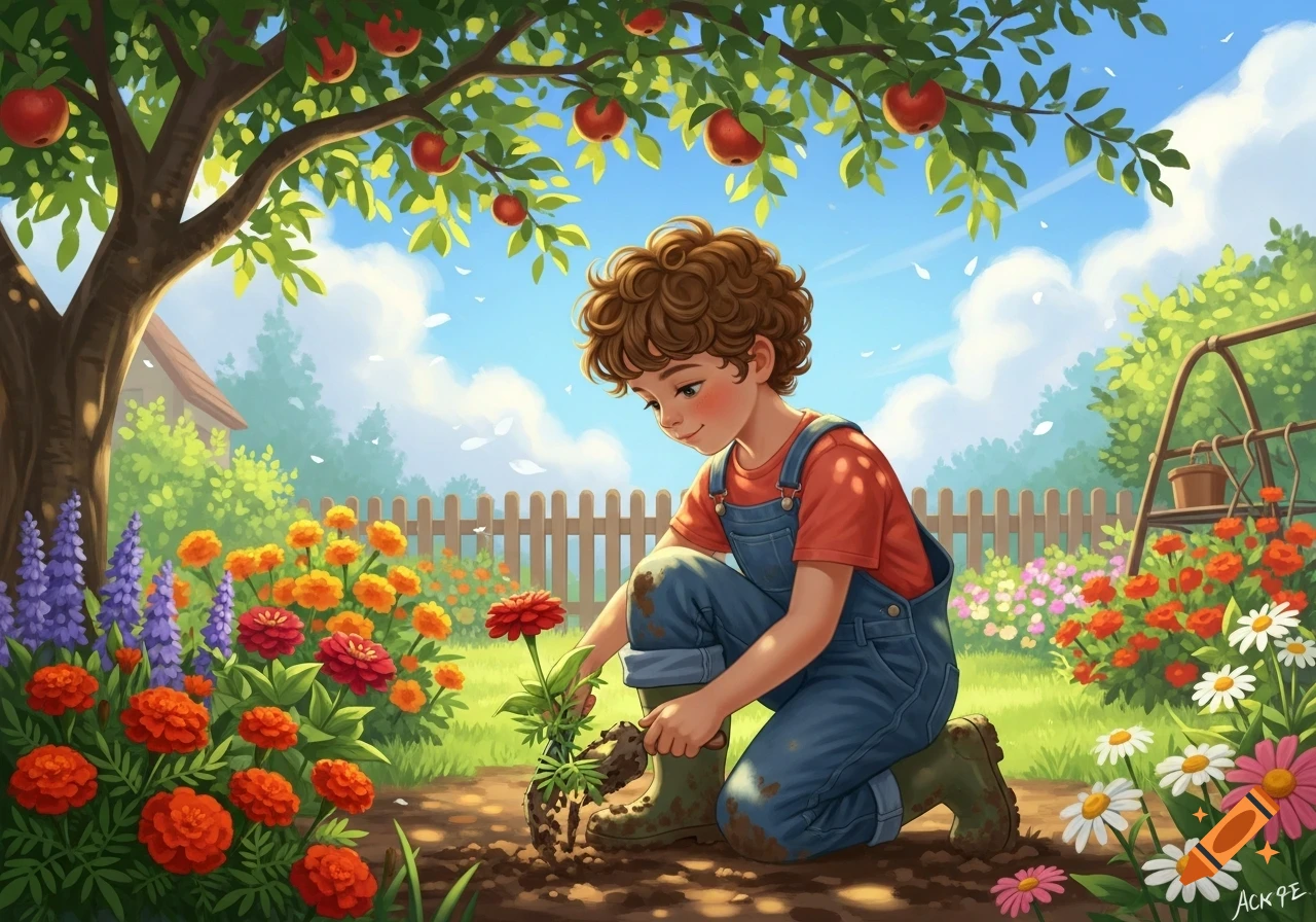 Curly-haired boy in overalls gardening a red flower in a sunny, vibrant cartoon garden with an apple tree.