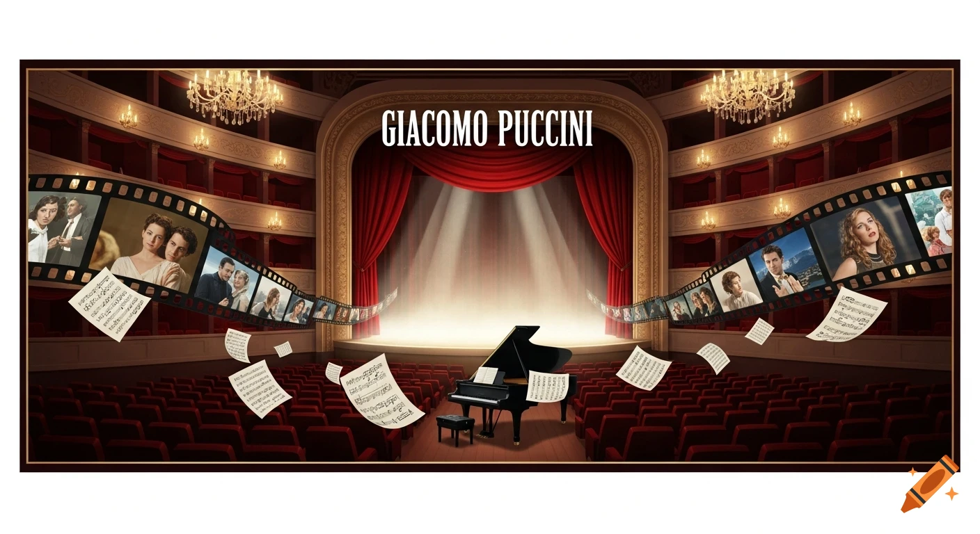 An opera house stage with a grand piano, red curtains, film strips, floating musical notes, and 'GIACOMO PUCCINI' text.