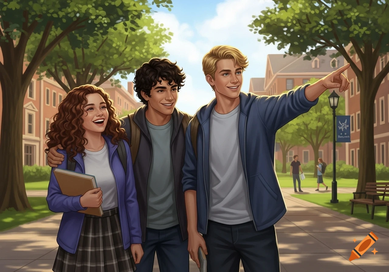 A digital illustration of three smiling students walking on a sunny college campus, with one pointing into the distance.