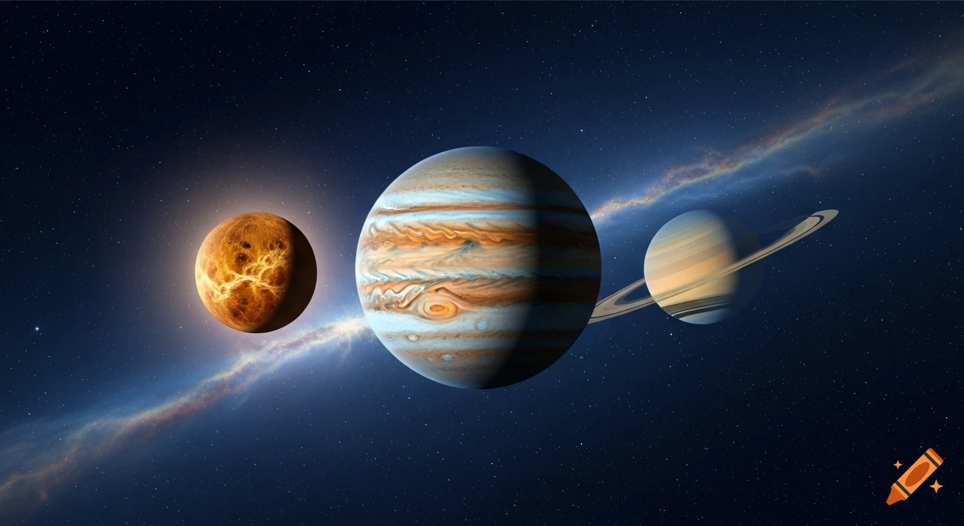 Venus, Jupiter, and Saturn aligned against a starry deep space background with a colorful nebula.