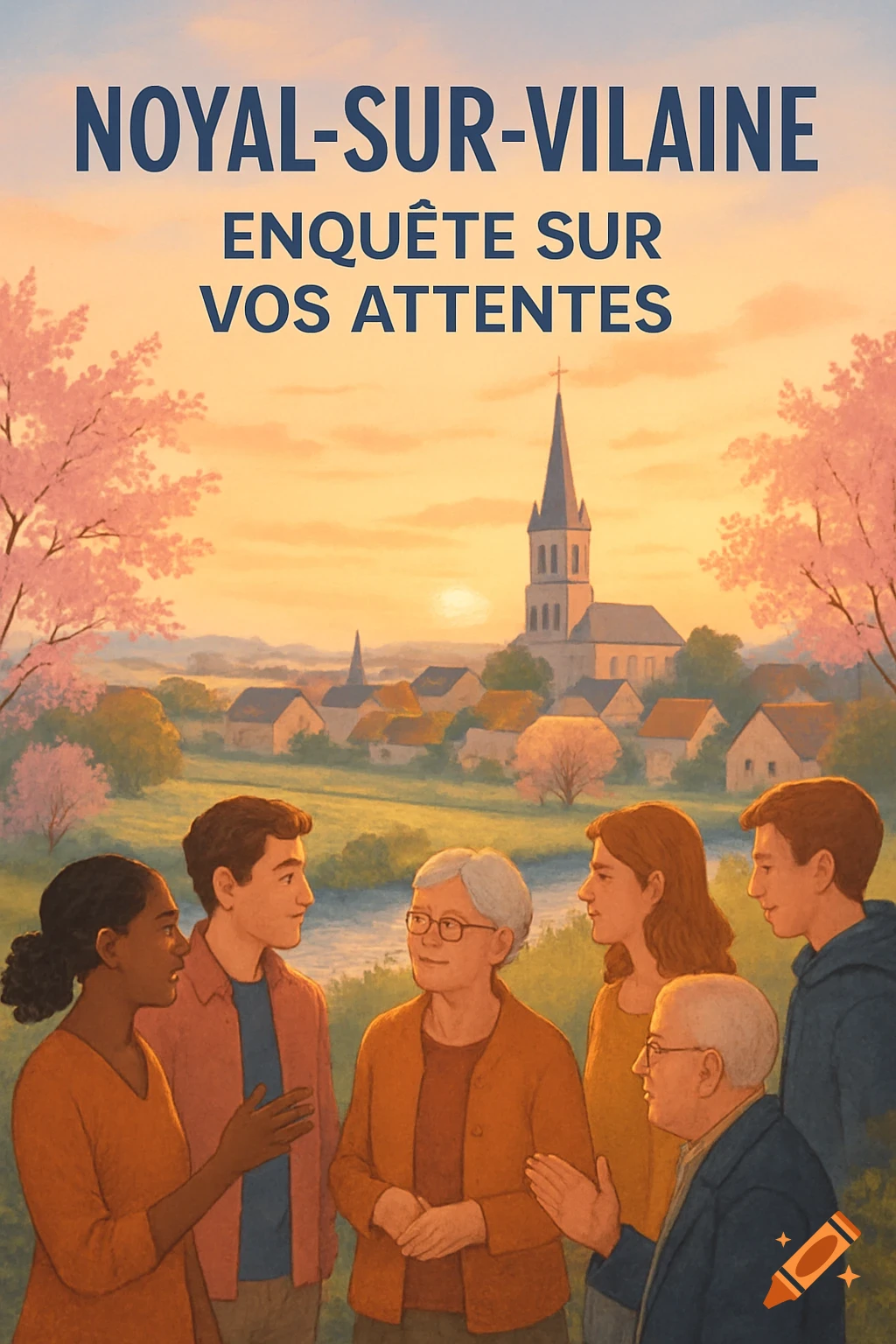 Illustration of diverse people talking in a village at sunset with a church. Text: NOYAL-SUR-VILAINE ENQUÊTE SUR VOS ATTENTES.