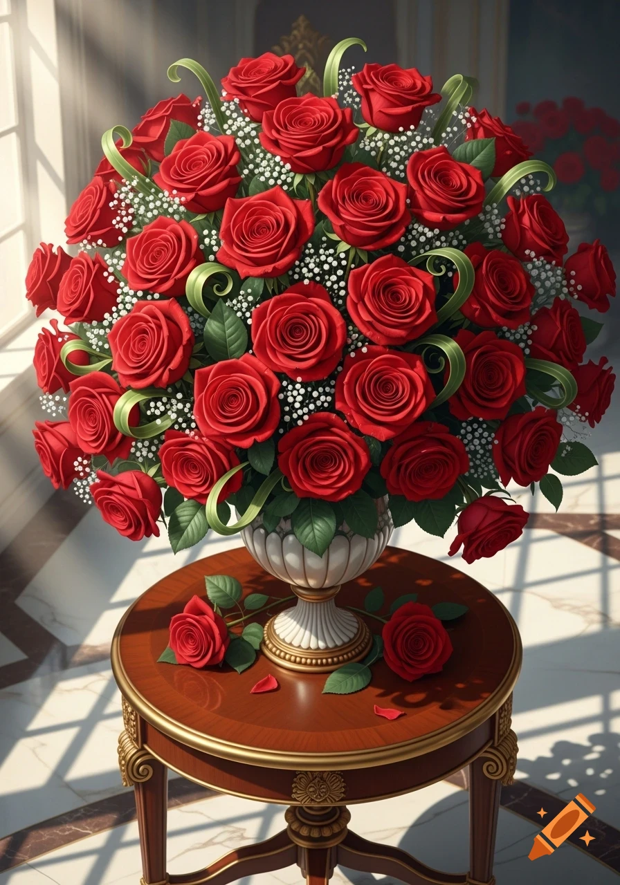 A large, vibrant bouquet of red roses with green foliage and white filler flowers sits in an ornate vase on a polished wooden table.