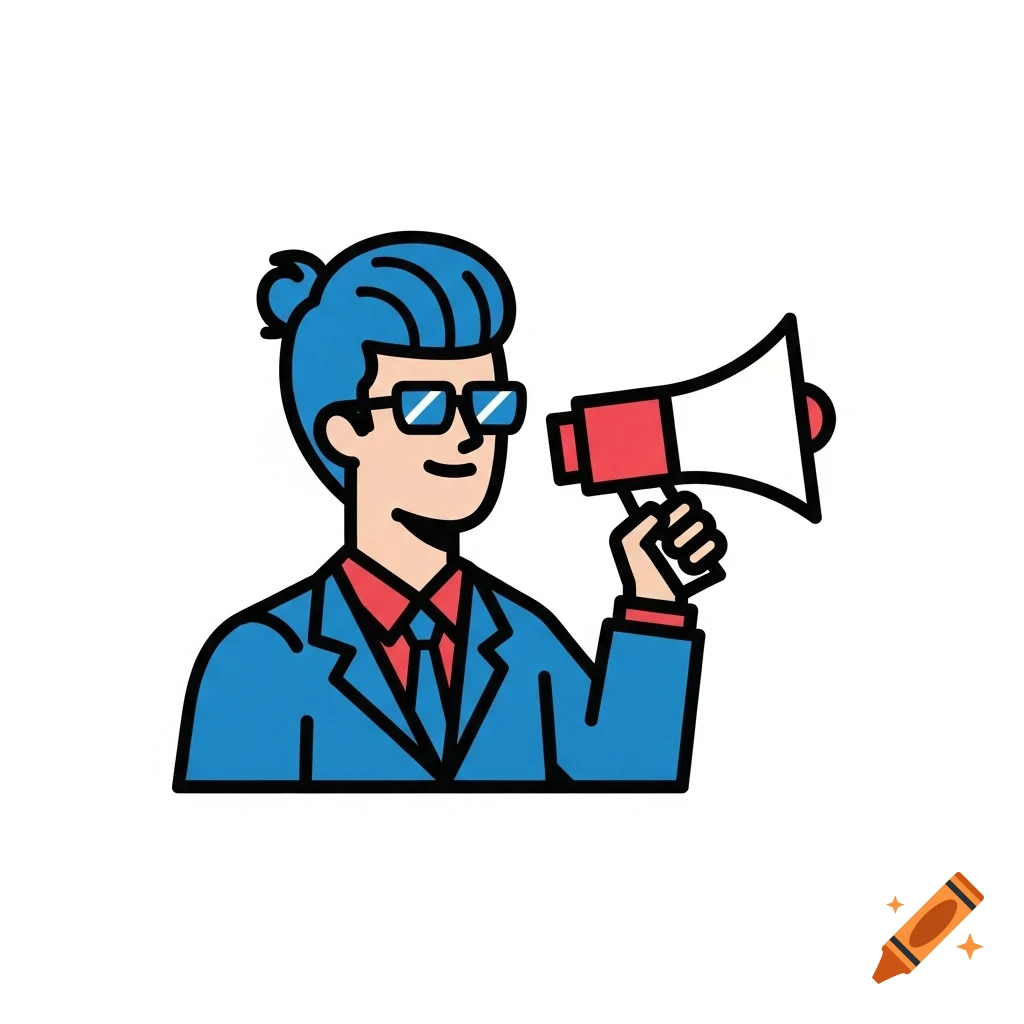 Stylized vector illustration of a man with blue hair and glasses in a suit, holding a megaphone.