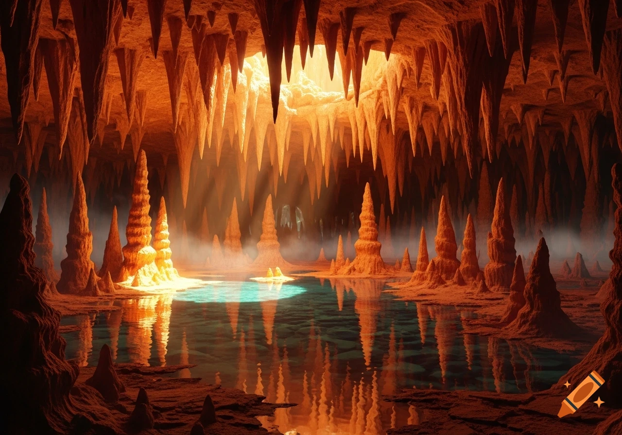 Dramatic view of a large cave filled with orange stalactites and stalagmites, illuminated by a bright light reflecting on tranquil water.