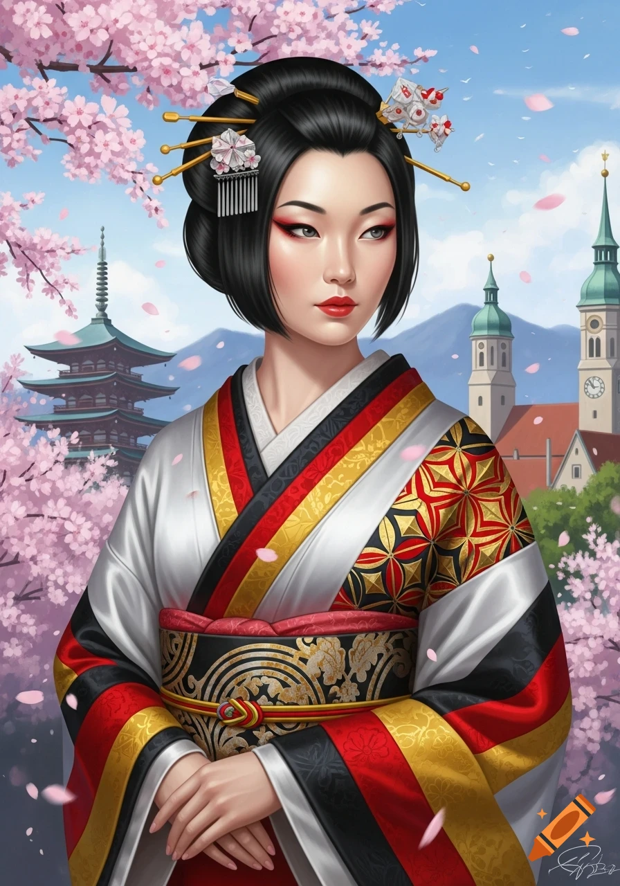 Digital art portrait of a woman in a kimono with German flag colors, cherry blossoms, a Japanese pagoda, and European buildings.