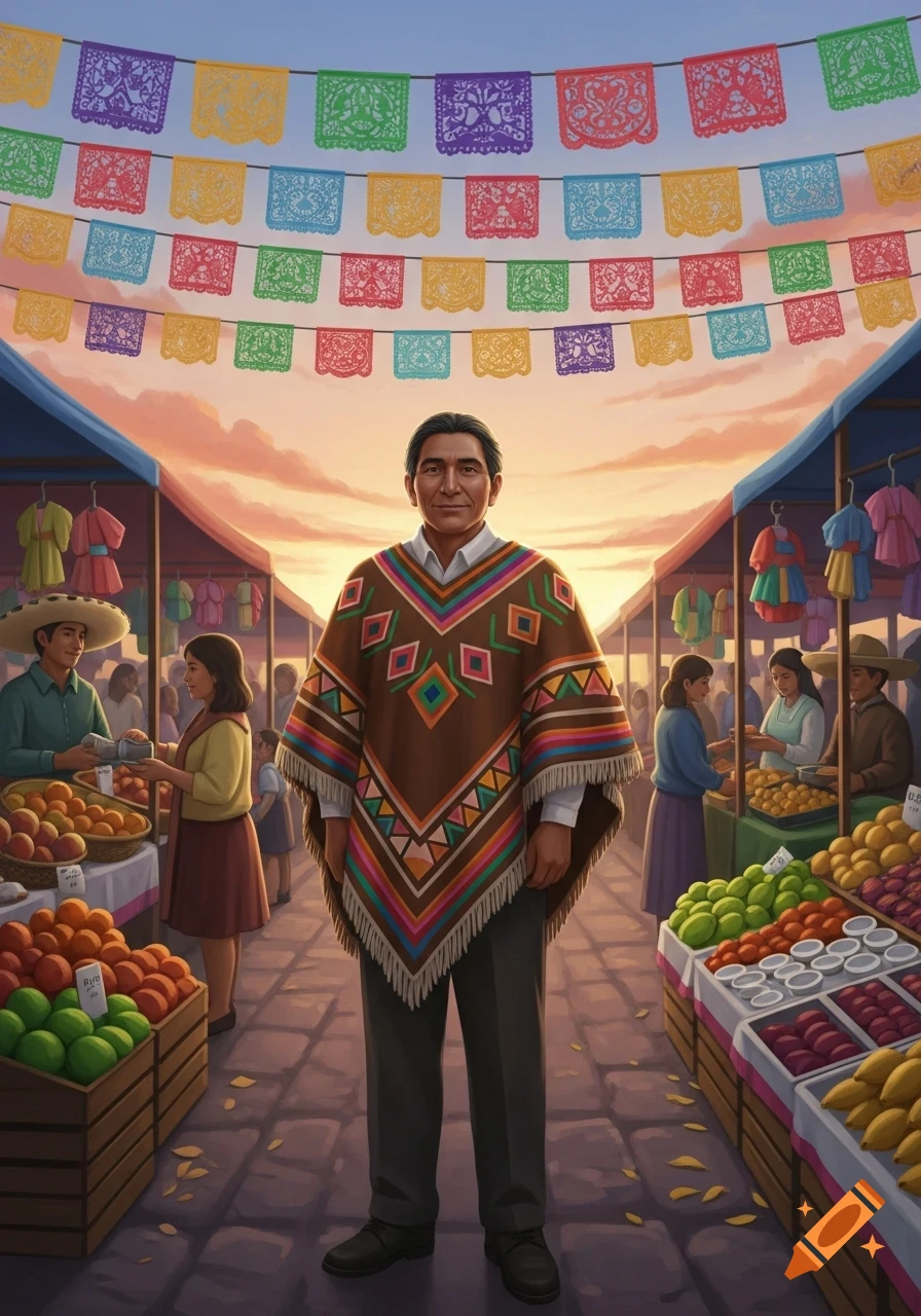 A man in a colorful poncho stands in a bustling open-air market decorated with papel picado banners, surrounded by fruit stalls.
