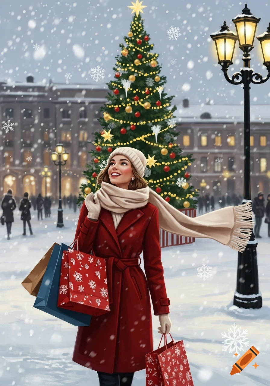 An illustrative image of a smiling woman in a red coat and white scarf, holding shopping bags on a snowy city street with a decorated Christmas tree in the background.