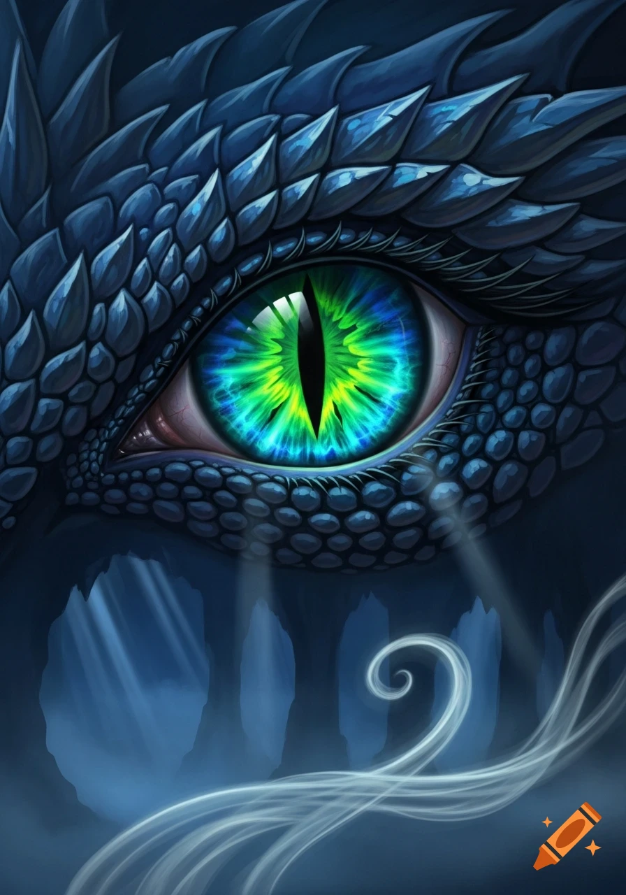 Close-up of a vibrant green and blue dragon's eye with intricate blue scales and ethereal elements.