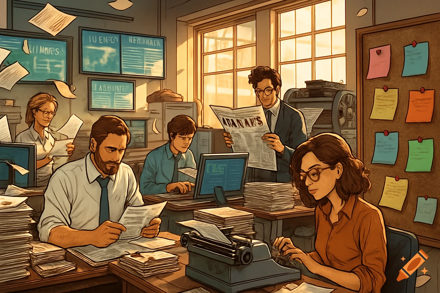An office full of journalists and editors working in a classic newsroom setting, with papers, typewriters, and monitors.