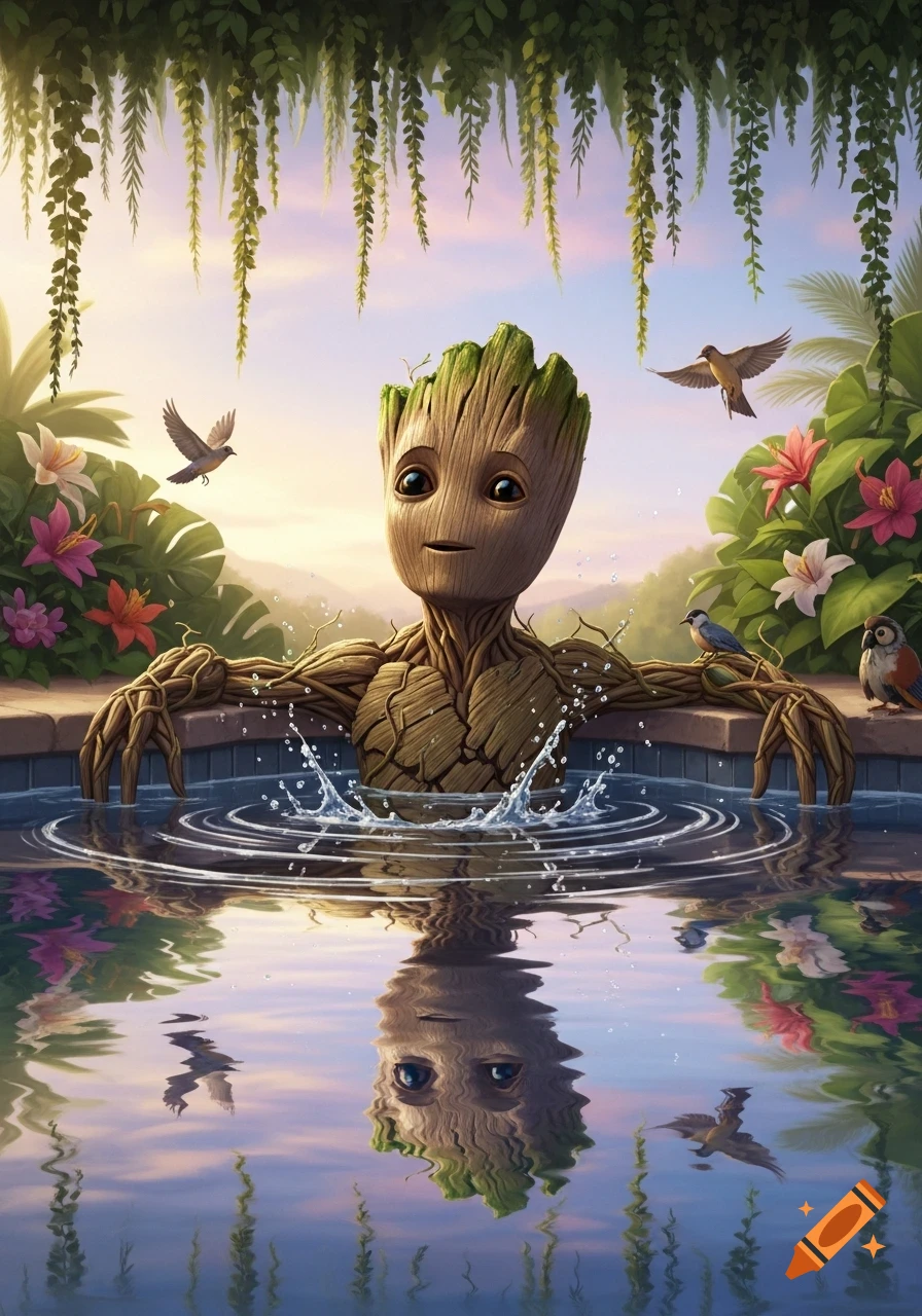 Groot smiles from a pool, surrounded by vibrant plants, colorful flowers, and birds under a warm, soft sky.