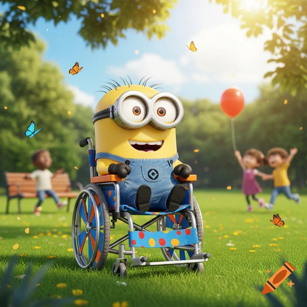 A Minion character in a colorful wheelchair smiles in a sunny park, with butterflies flying and children playing in the background.