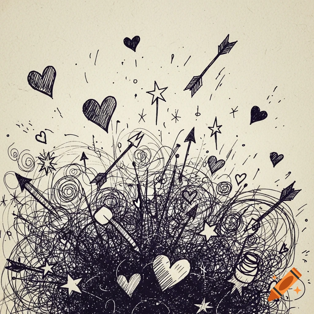 Hand-drawn doodle of hearts, stars, and arrows emerging from a messy scribble on a textured background.