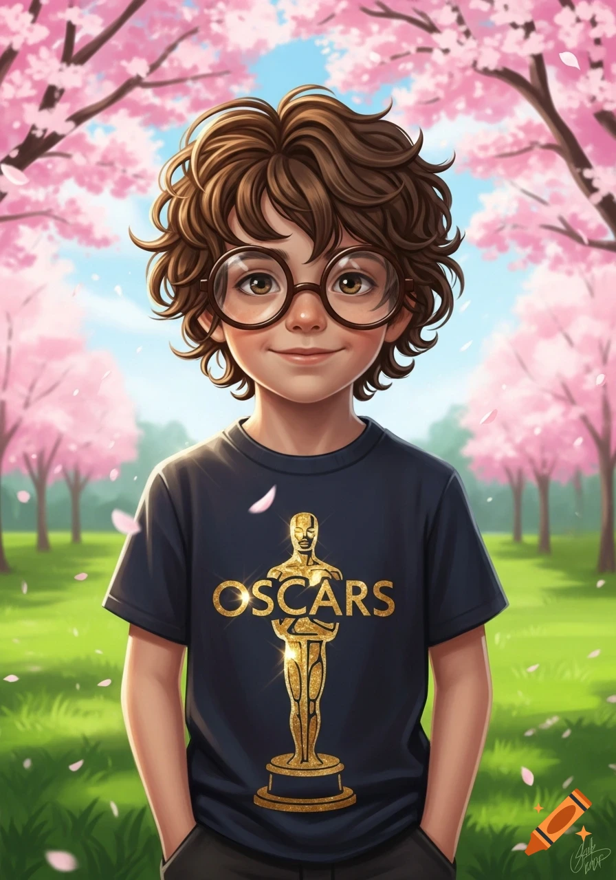 A smiling cartoon boy with curly hair and glasses wears an 'Oscars' T-shirt in a park with pink cherry blossom trees.