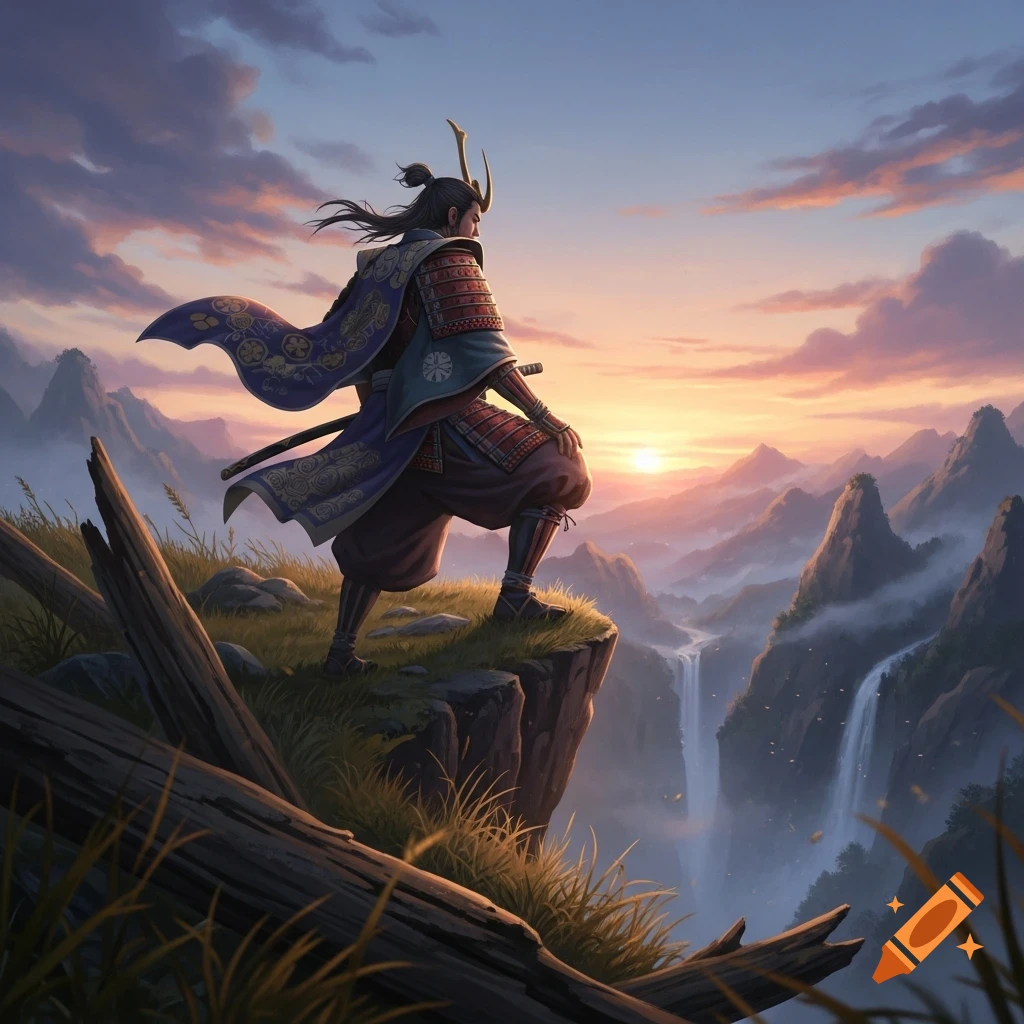 A samurai warrior in armor stands on a cliff overlooking a fantasy mountainous landscape with waterfalls at sunset.