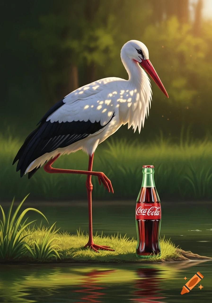 A photorealistic white stork stands on one leg next to a Coca-Cola bottle in water, with a sunny forest background.