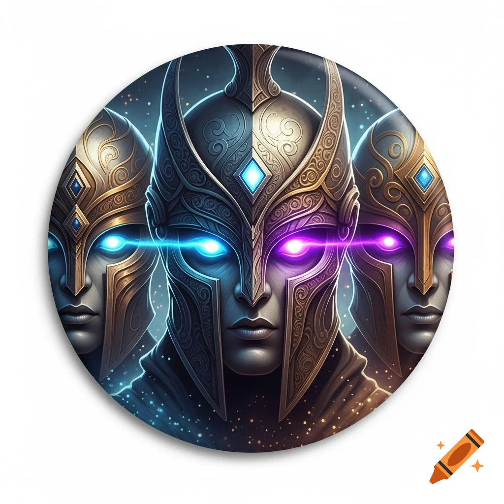 Three ornate fantasy helmets with glowing blue and purple eyes against a starry sky, in a circular frame.