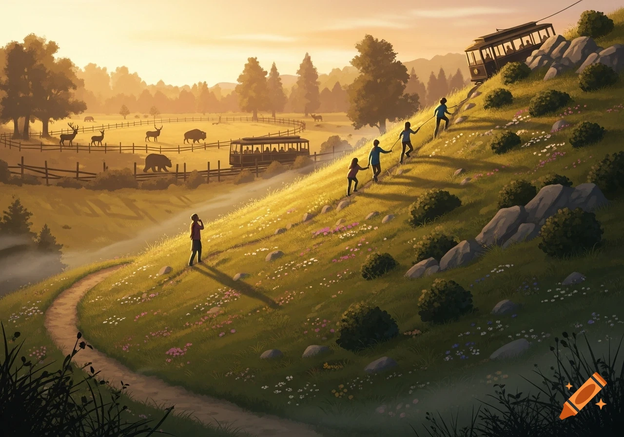 A stylized landscape with a golden hour glow, showing a family hiking a steep, grassy hill. A person stands below, while a wildlife park with deer, bison, and a bear is visible in the background, along with a tram car on a hill.