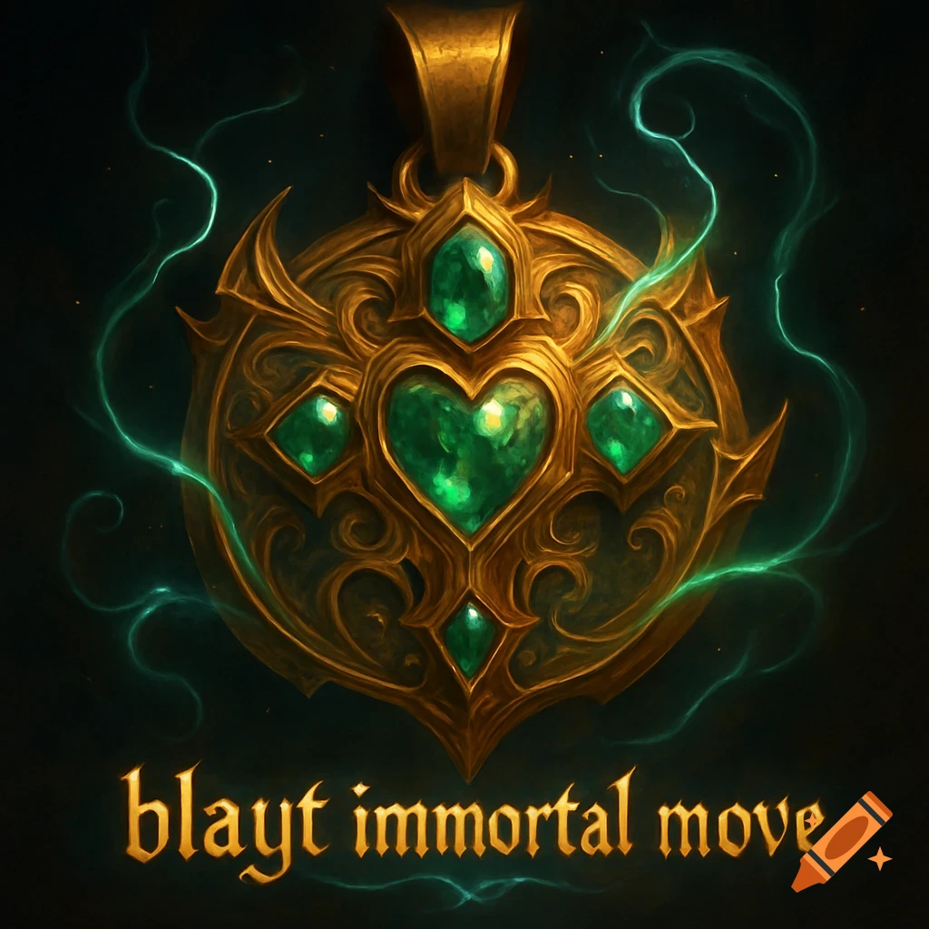 A glowing gold and emerald fantasy medal with magical energy, and the text 'blayt immortal move' below it.