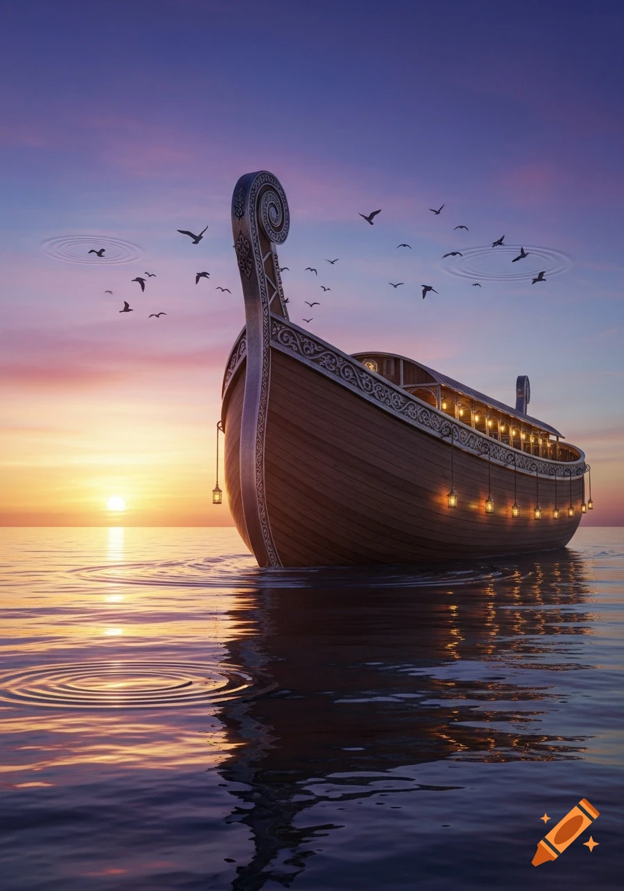 A stylized wooden boat with ornate carvings and glowing lanterns floats on calm water during a pastel sunset, with birds flying above.