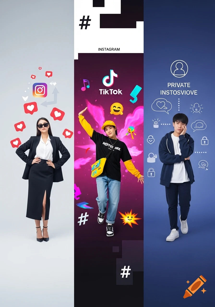 Digital collage showing three sections: a woman in a suit with Instagram icons, a person in streetwear with TikTok elements, and a man with private thought bubbles.