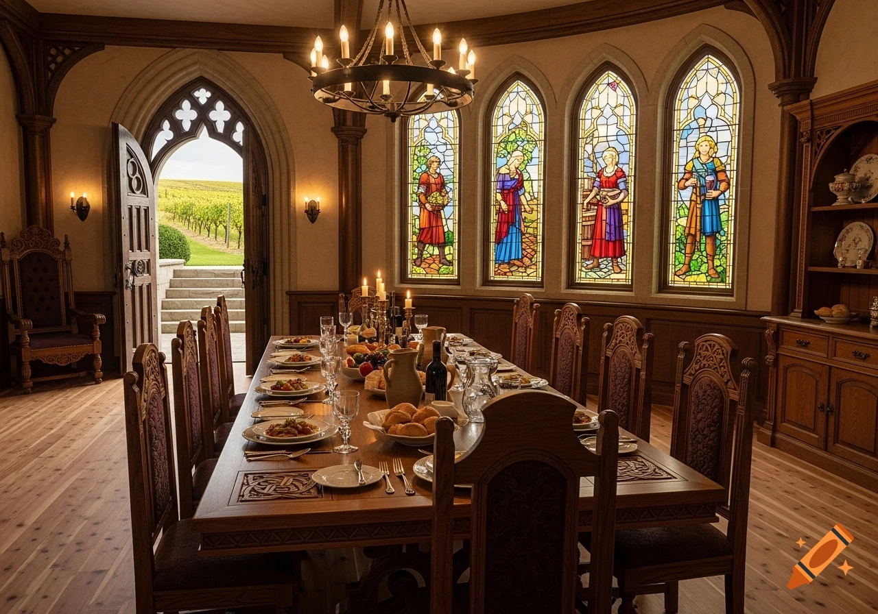 A grand Gothic dining room with a long wooden table set for a meal, stained glass windows, and an open door revealing a vineyard.