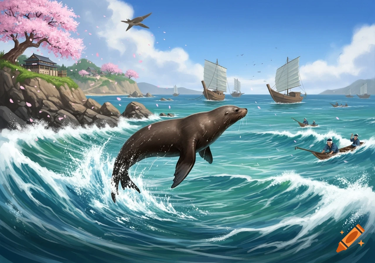 A sea lion jumps out of turquoise waves near a Japanese-style shore with cherry blossom trees and traditional boats under a blue sky.