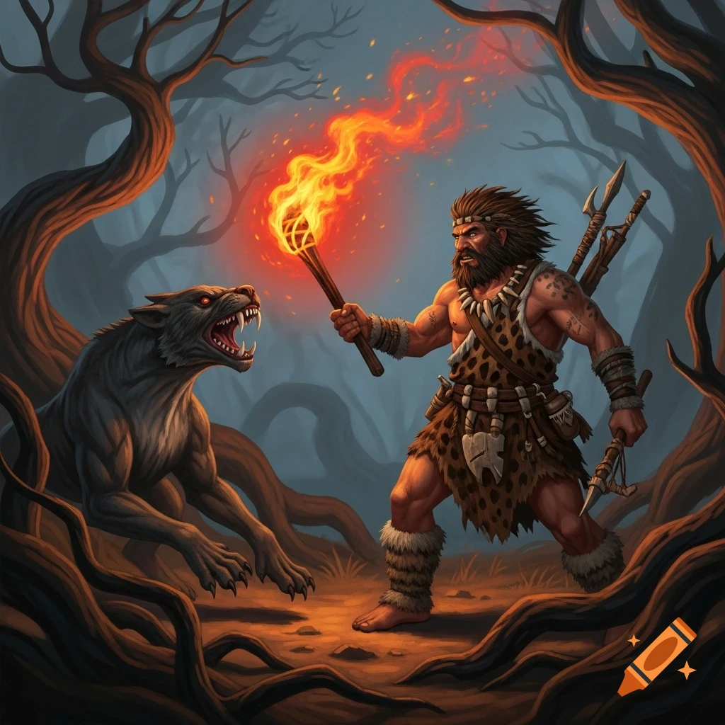 A muscular caveman with a torch confronts a snarling wolf-like creature in a dark, gnarled forest, rendered in a detailed fantasy art style.